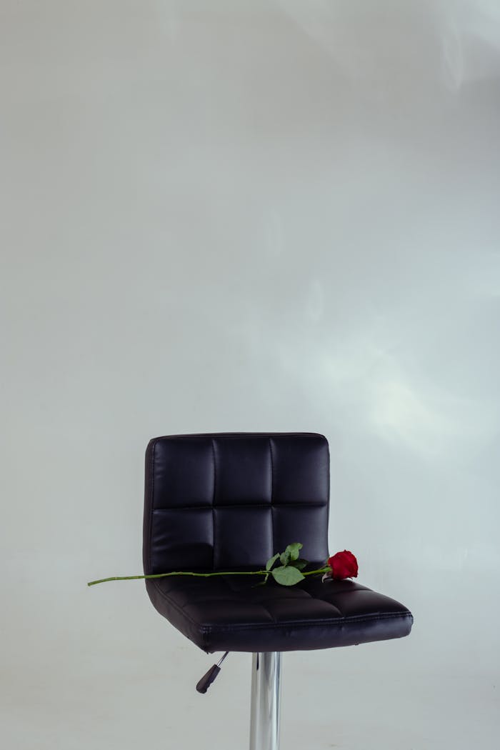 A sleek black leather chair with a red rose, set against a minimalist background. Perfect for modern design concepts.