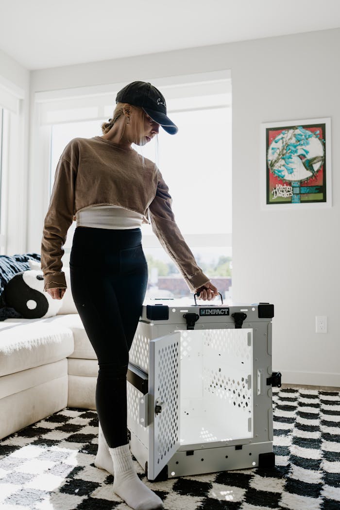Woman standing next to a dog crate in a modern living room setting.