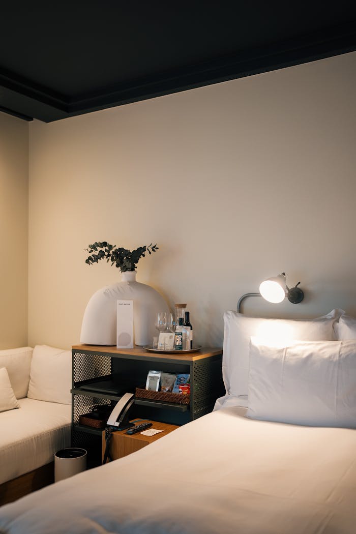 Elegant hotel room with modern amenities in London, ideal for relaxation.